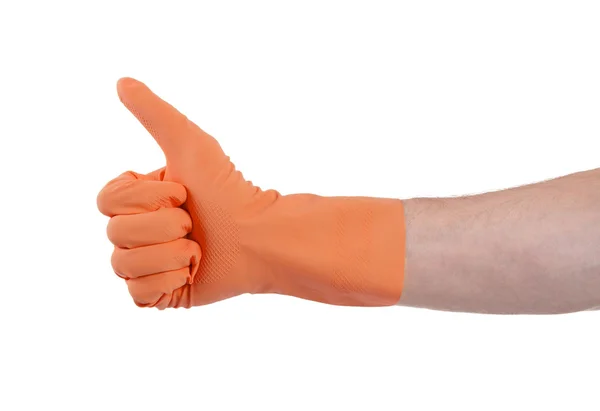 Gant orange pour le nettoyage montrer pouces vers le haut — Photo