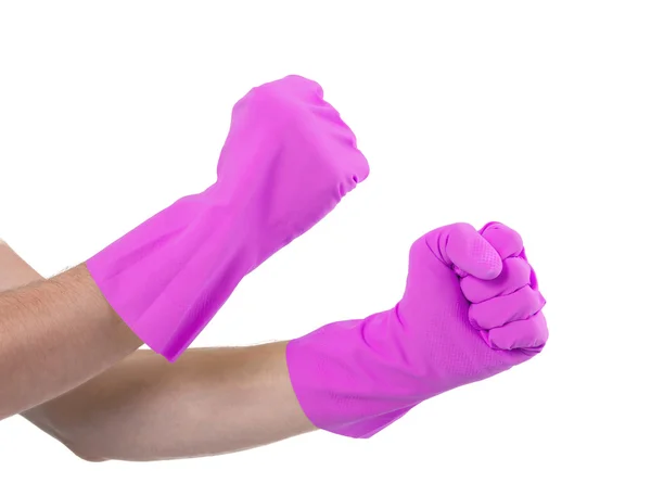 Hands in a rubber gloves gesturing fist — Stock Photo, Image