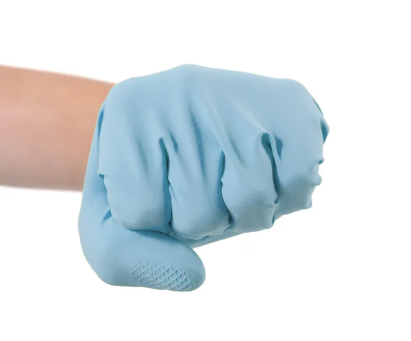 Hand in a rubber glove gesturing fist — ストック写真