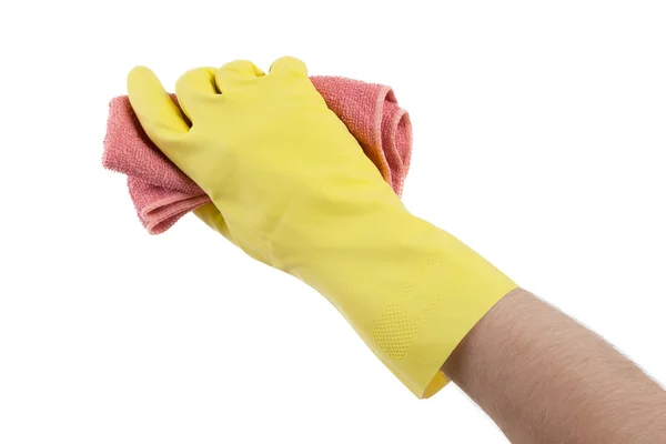 Φορώντας λαστιχένια γάντι το χέρι και κρατήστε πατημένο (σφουγγαρίστρα κουρέλι) — Φωτογραφία Αρχείου