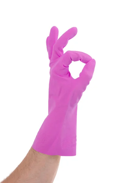 Hand gestikulerande med rosa rengöring produkt handske — Stockfoto