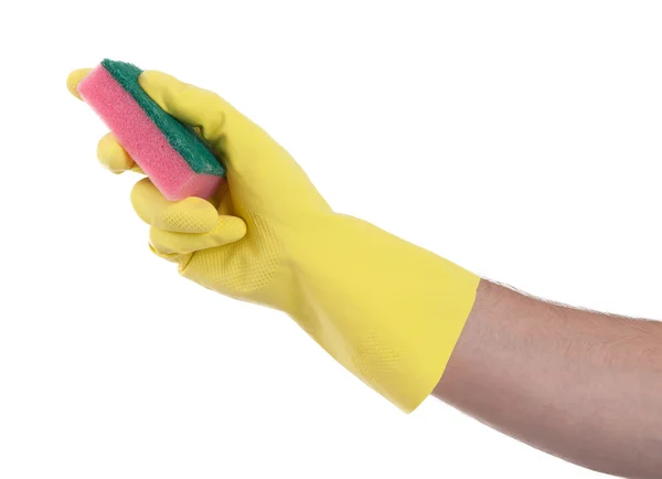 Mans hand in rubber glove with sponge isolated — Stock Photo, Image