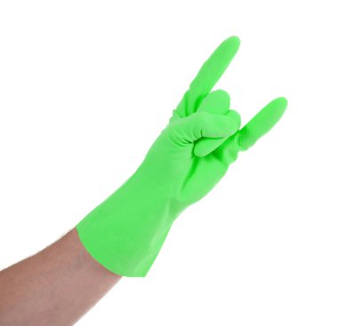 Mână în mănuşi de cauciuc, gesturi, până aproape