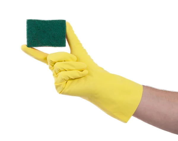 Mans hand in rubber glove with sponge isolated — Stock Photo, Image