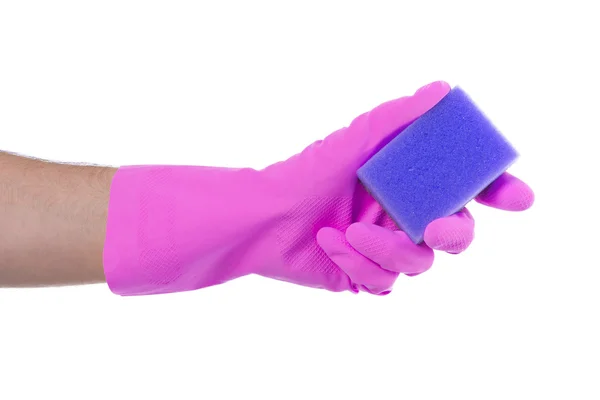 Чоловік рука в гумовій рукавичці з губкою ізольовані — стокове фото