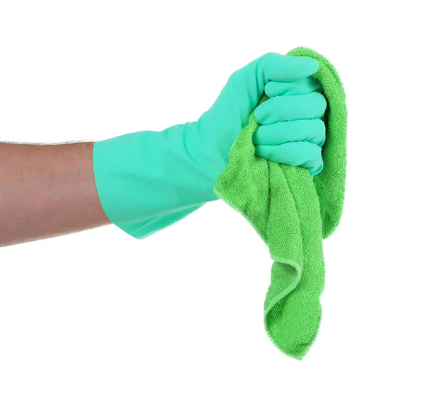 Gumikesztyű viselése kezét, és tartsa a rag (mop) — Stock Fotó