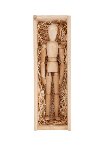Manichino figura di legno in una scatola di legno — Foto Stock
