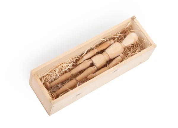 Дерев'яна фігура манекен в дерев'яній коробці — стокове фото