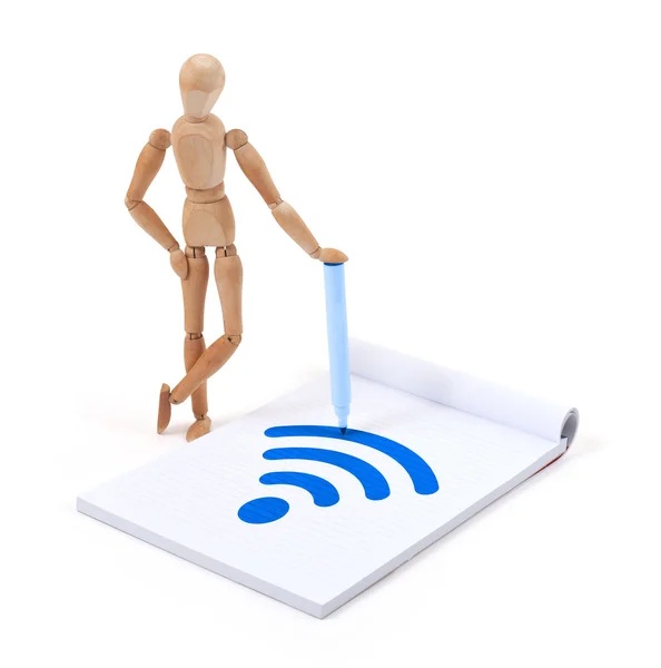 Wooden mannequin writing - WiFi — Stock Photo, Image
