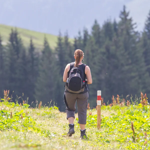 Hiker, young woman with backpack — Stock Photo, Image