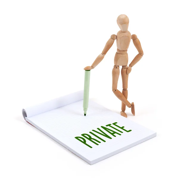 Wooden mannequin writing - Private — Stock Photo, Image