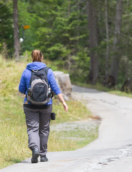 Hiker, young woman with backpack — Stock Photo, Image