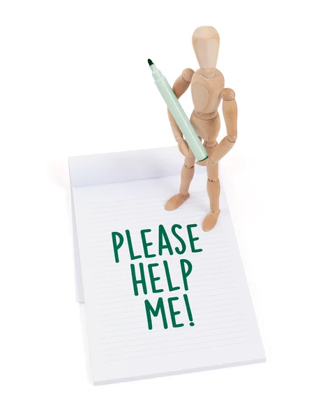 Wooden mannequin writing - Please help me — Stock Photo, Image