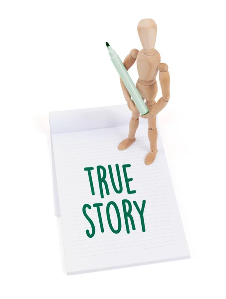 Wooden mannequin writing - True story — Stock Photo, Image