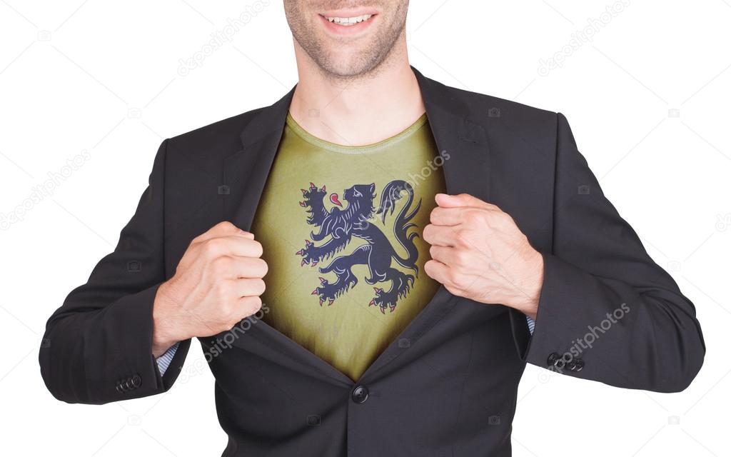 Businessman opening suit to reveal shirt with flag