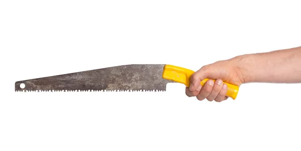 Hand with saw, isolated on white — Stock Photo, Image