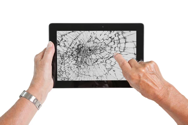 Senior lady with tablet, cracked screen — Stock Photo, Image