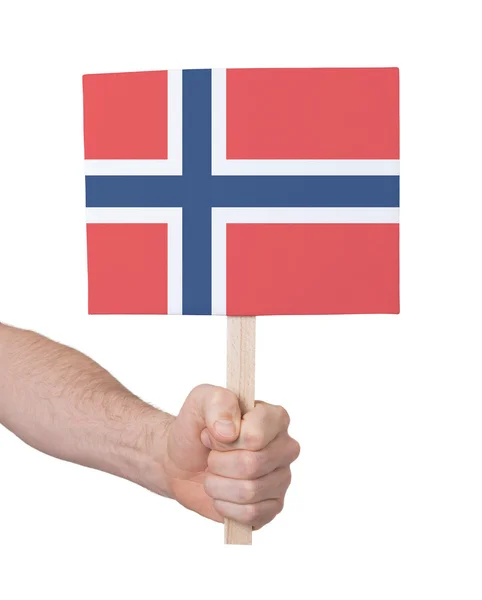 Mano sosteniendo tarjeta pequeña - Bandera de Noruega — Foto de Stock