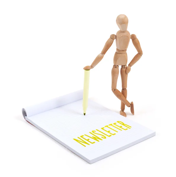 Wooden mannequin writing - Newsletter — Stock Photo, Image