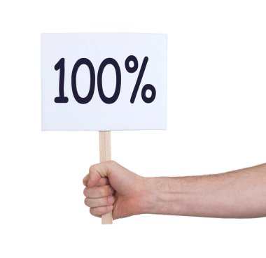 Sale - Hand holding sigh that says 100%