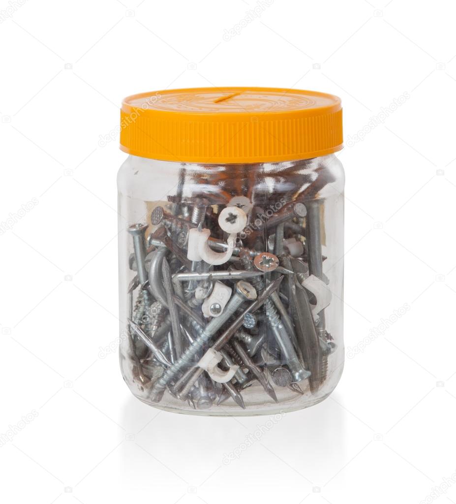 Jar filled with screws and nails