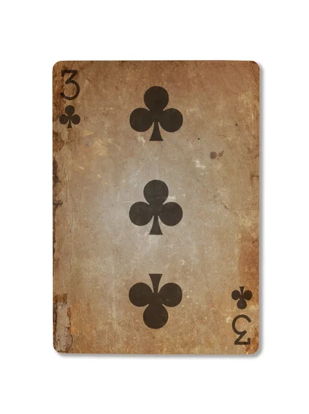 Très vieille carte à jouer, trois des clubs — Photo