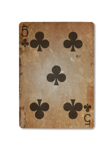 Velmi staré hrací karta, pět klubů — Stock fotografie