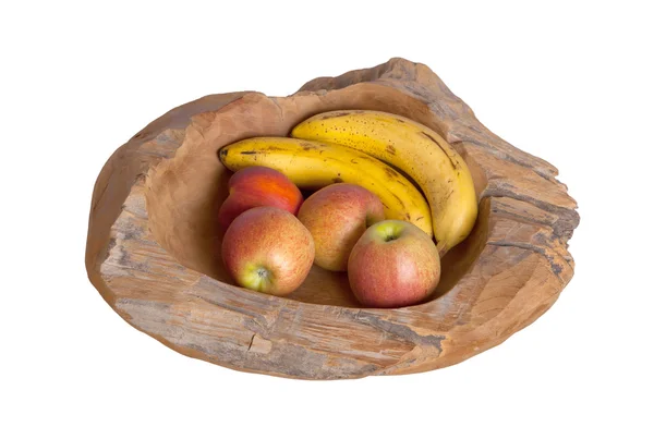 Surtido de frutas maduras en un tazón de madera aislado —  Fotos de Stock