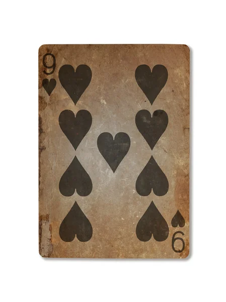 Très vieille carte à jouer, neuf de cœur — Photo