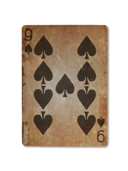 Très vieille carte à jouer, neuf de pique — Photo