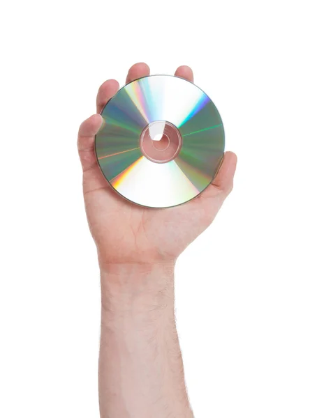 Mano uomo con compact disc isolato — Foto Stock