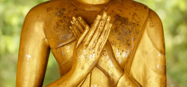 Primer Plano Las Manos Cosecha Estatua Buda Oro Sobre Fondo — Foto de Stock