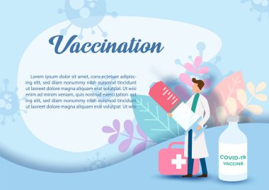 Çizgi filmdeki doktor elinde aşı şişesi ve dekorasyon bitkileri ve aşı ifadeleri üzerine tıbbi çanta olan dev bir şırınga tutuyor, örneğin metinler ve mavi arka plan..