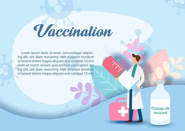 ワクチンボトルと装飾植物やワクチンの文言上の医療袋と巨大な注射器を保持漫画のキャラクターの医師 例テキストと青の背景 — ストックベクタ