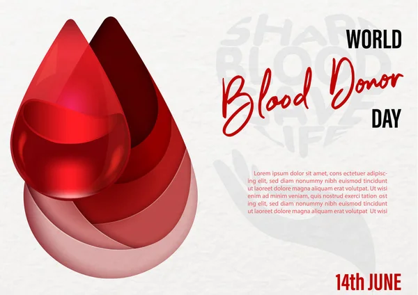 Bluttröpfchen Glasstil Mit Aufschrift Des Blutspendertages Und Beispieltexten Auf Abstrakter — Stockvektor