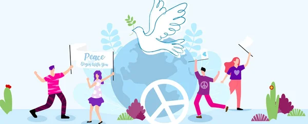 Happy People Cartoon Character World Peace Day Banner Vector Illustration — Image vectorielle