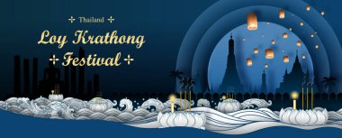 Nehre tapınmada Tayland geleneğinin posteri, Tayland Sanat Festivali 'nde Loy Kratong çizimi ve kağıt kesim tarzı koyu mavi arka planda kadim sıcak hava balonu..