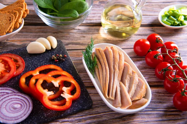 Canned Tuna Slices Fresh Vegetables Healthy Food Wooden Background Flat — Stock Photo, Image