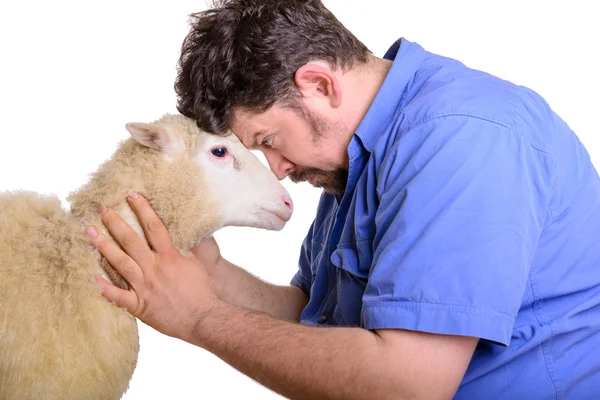 Animal sheep and man arguing — Stock Photo, Image