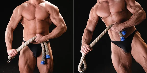 Gespierde bodybuilder met touw — Stockfoto