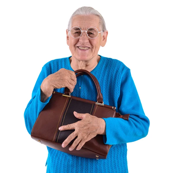 Donna anziana holding bag — Foto Stock
