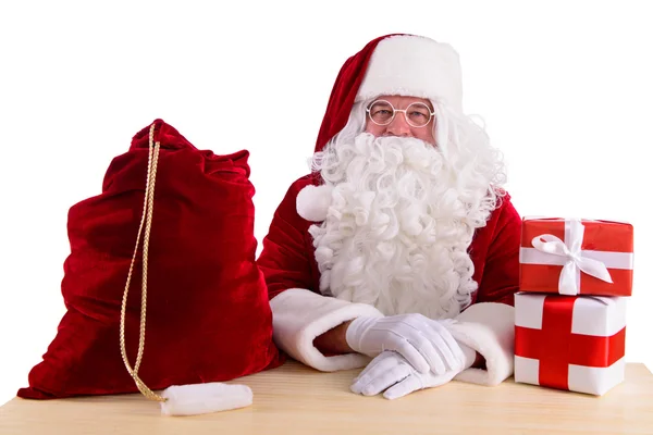 Papai Noel feliz com caixas de presente — Fotografia de Stock