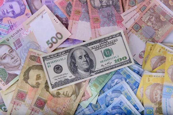 Billetes de banco dólares y hryvnia — Foto de Stock