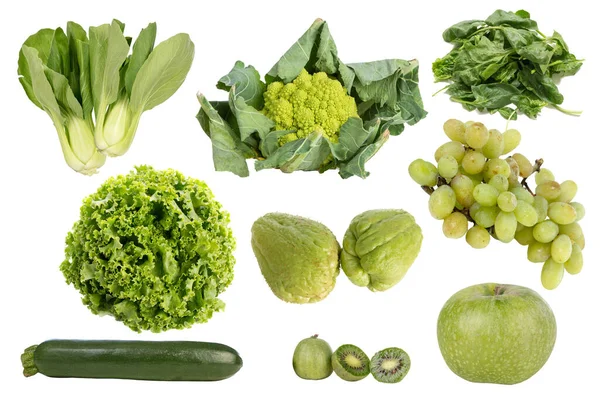 Obst Und Grünes Gemüse Auf Weißem Hintergrund Ausgeschnitten — Stockfoto