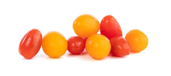 Petites Tomates Rouges Jaunes Grignoter Sur Fond Blanc — Photo