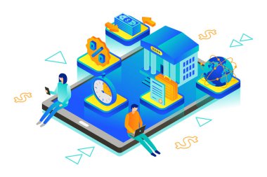 Sanal banka ya da dijital banka olarak da bilinen Neobank 'ın Isometric vektör çizimi