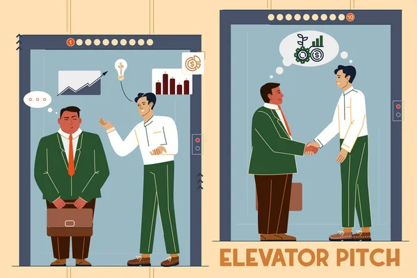 Ilustración vectorial de un hueco de ascensor, una breve descripción de una idea, producto o empresa — Vector de stock