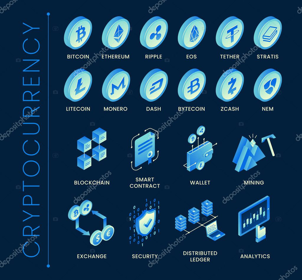 Isometric blockchain cryptocurrency icons set