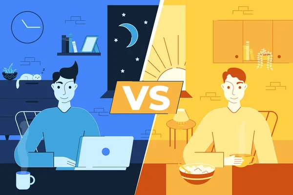 Ilustración vectorial de Early Bird vs Night Búho — Vector de stock