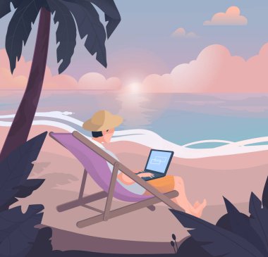 Serbest yazar aynı anda hem düz vektör hem de tropik adada rahatlama üzerine çizimler yapar.